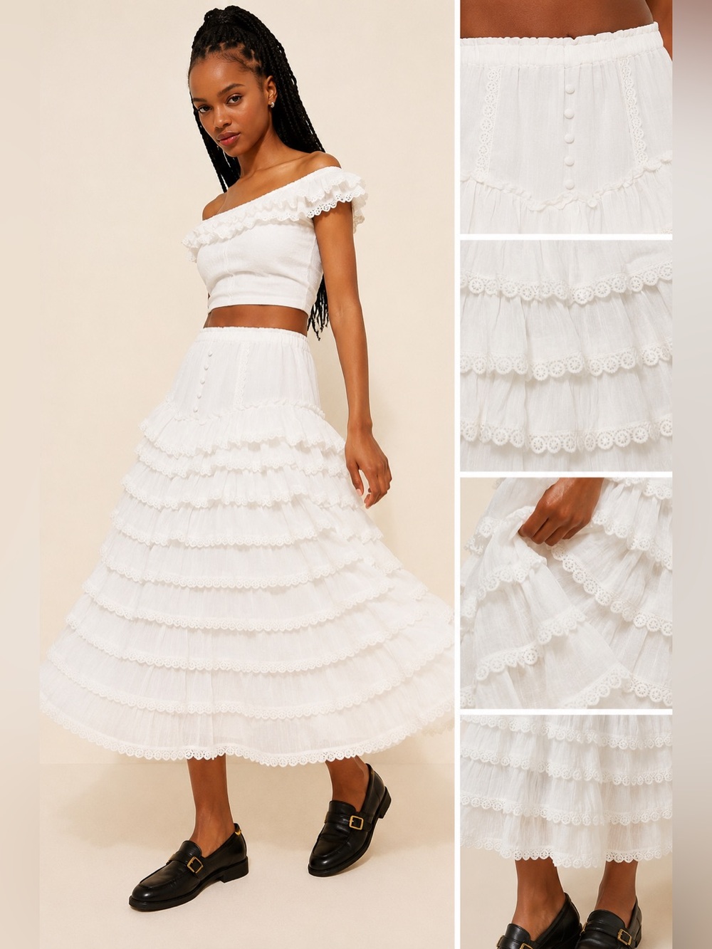 Amy Jane London Anastasia White Tiered Eyelet Ruffle Midi Skirt S Cottagecore - Picture 3 of 13